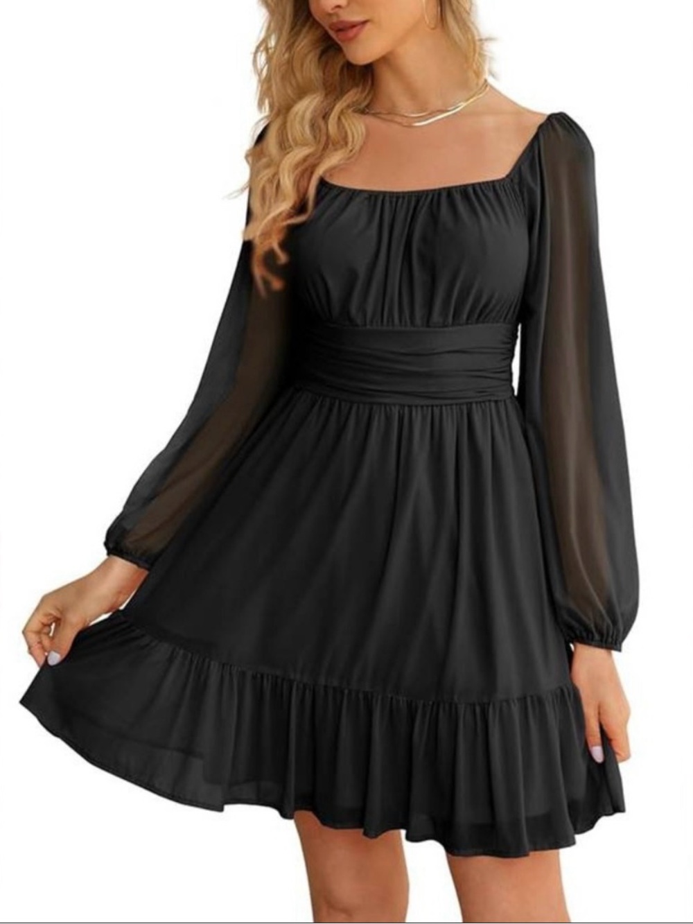 Exlura- Women’s Mesh Long Sleeve Square Neck - Mini Dress, Size Medium